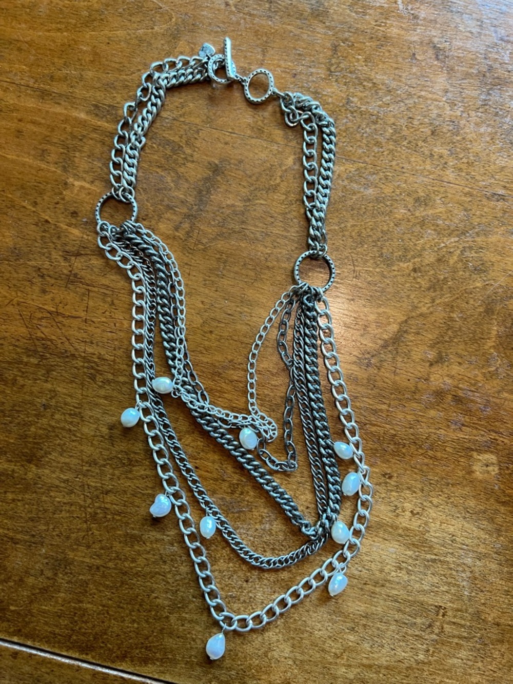 Stella & Dot Layered Chain Statement Necklace Silver Multi Strand Freshwater Pea
